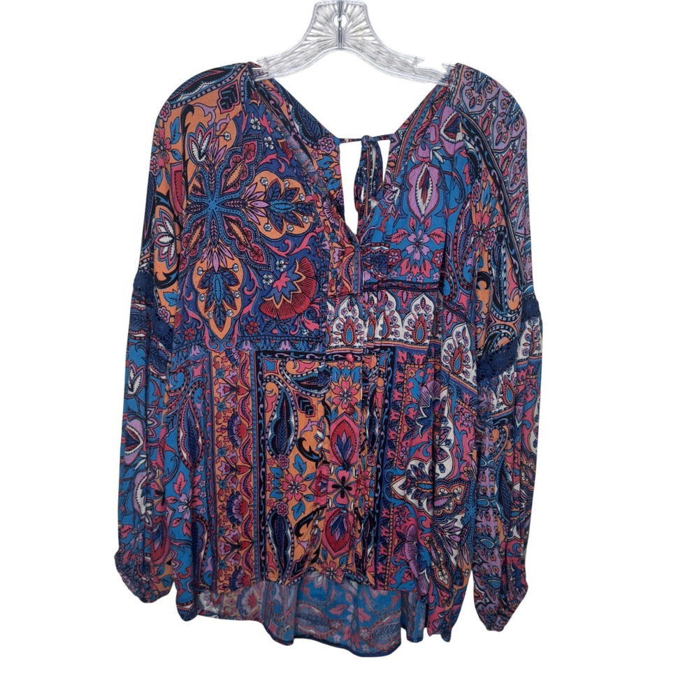 ANGIE Boho Paisley Print Tie Neck Long Sleeve Blouse Top Size S Artsy Festival
